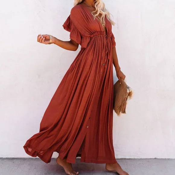 New Boho Red Gauze Maxi Summer Dress Cover-Up - Picture 5 of 10